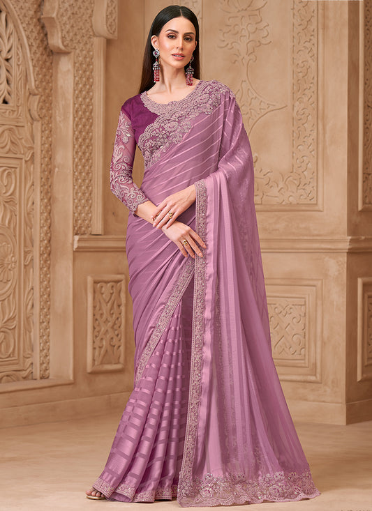 Georgette Lilac Party Wear Embroidery Work Saree 385717