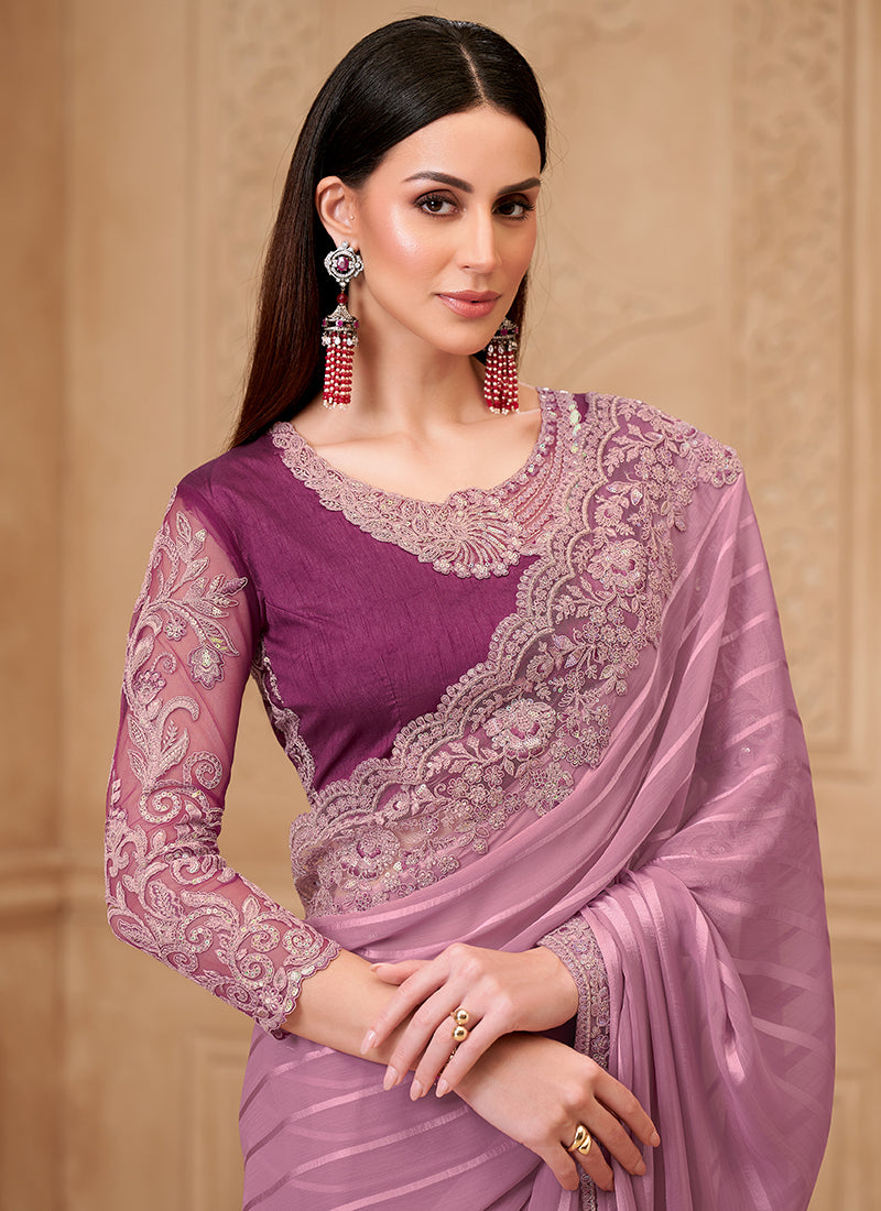 Georgette Lilac Party Wear Embroidery Work Saree 385717