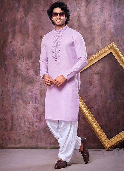 Lilac Linen Cotton Embroidery Work Occasional Wear Readymade Kurta Pajama SW572860