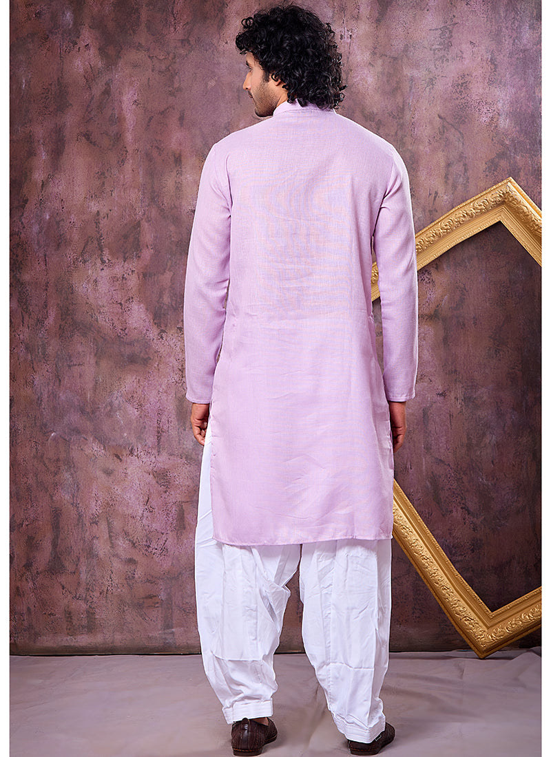 Lilac Linen Cotton Embroidery Work Occasional Wear Readymade Kurta Pajama SW572860