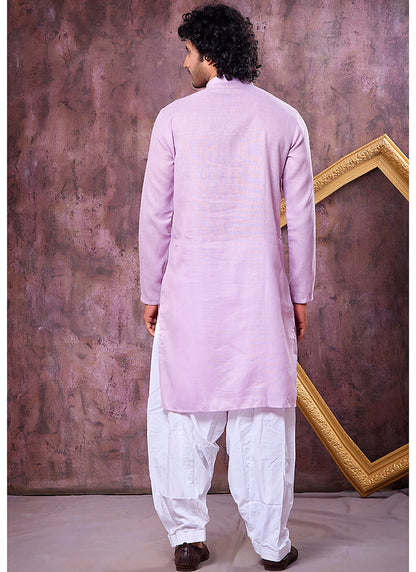 Lilac Linen Cotton Embroidery Work Occasional Wear Readymade Kurta Pajama SW572860