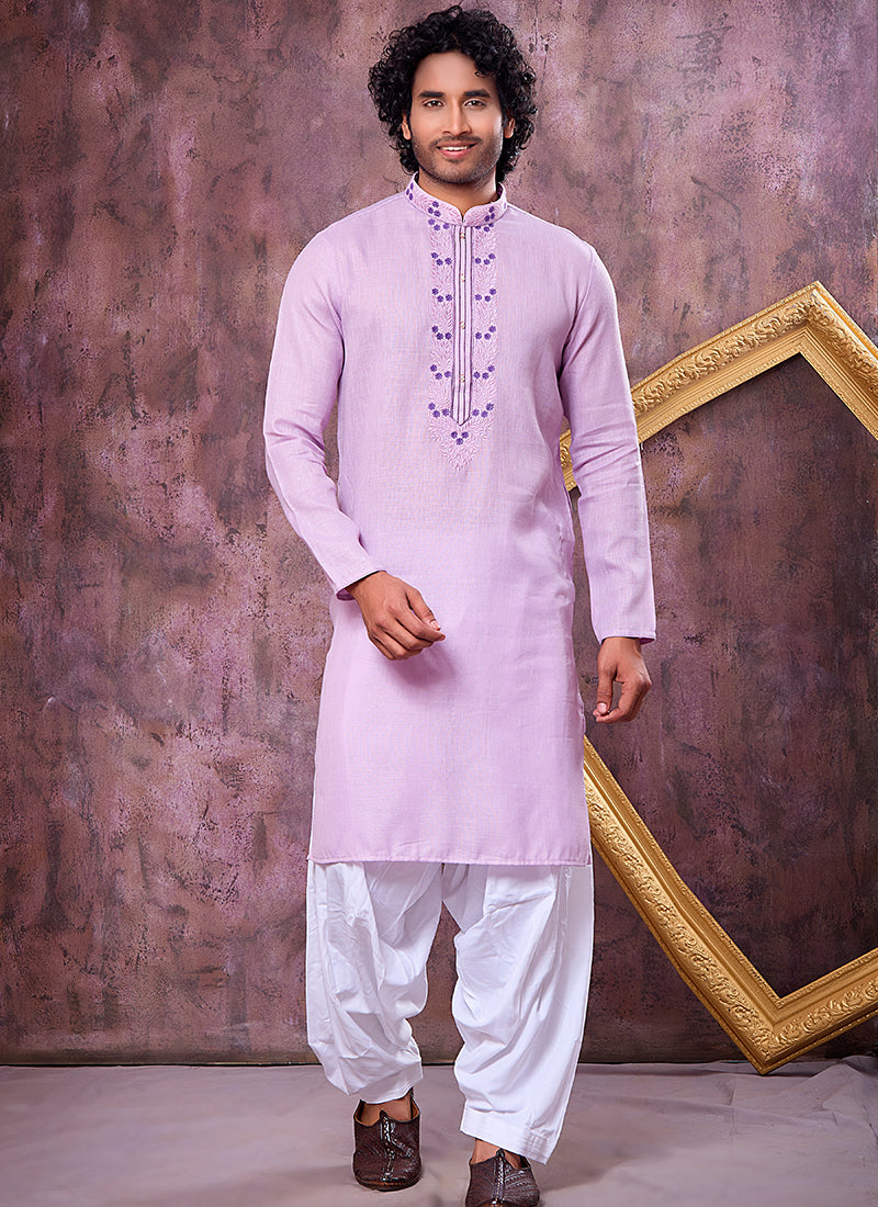 Lilac Linen Cotton Embroidery Work Occasional Wear Readymade Kurta Pajama SW572860