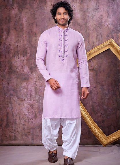 Lilac Linen Cotton Embroidery Work Occasional Wear Readymade Kurta Pajama SW572860