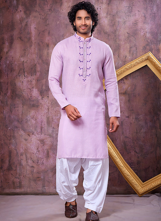 Lilac Linen Cotton Embroidery Work Occasional Wear Readymade Kurta Pajama SW572860