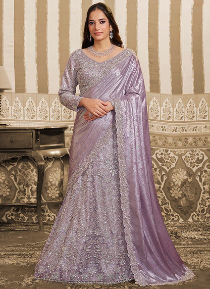Lilac Satin Embroidery Work Wedding Wear Ready To Wear Indowestern Saree SW620454