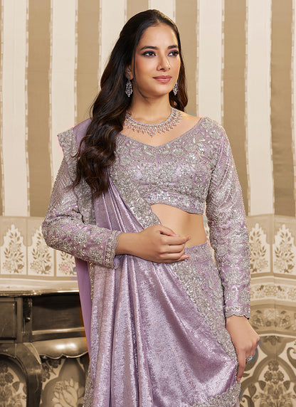 Lilac Satin Embroidery Work Wedding Wear Ready To Wear Indowestern Saree SW620454