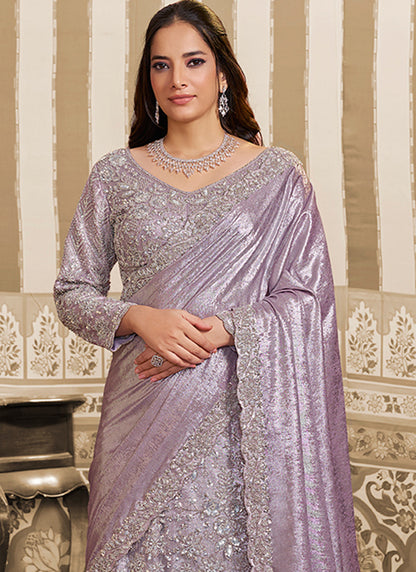 Lilac Satin Embroidery Work Wedding Wear Ready To Wear Indowestern Saree SW620454