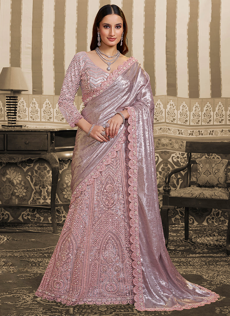 Lilac Satin Embroidery Work Wedding Wear Ready To Wear Indowestern Saree SW497413