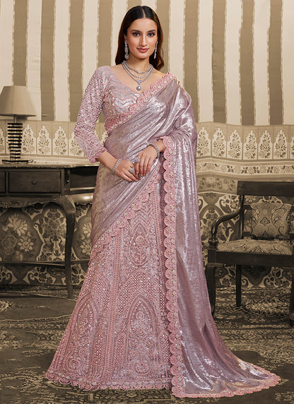 Lilac Satin Embroidery Work Wedding Wear Ready To Wear Indowestern Saree SW497413