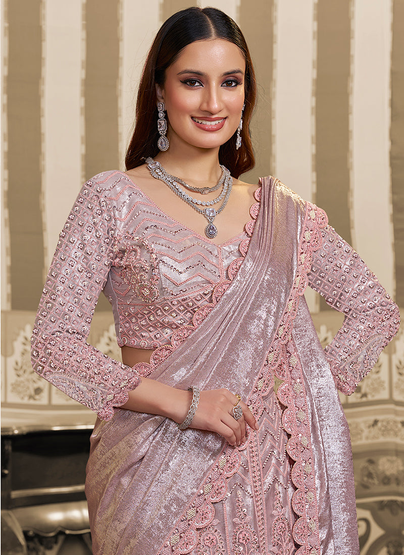 Lilac Satin Embroidery Work Wedding Wear Ready To Wear Indowestern Saree SW497413