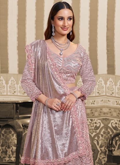Lilac Satin Embroidery Work Wedding Wear Ready To Wear Indowestern Saree SW497413