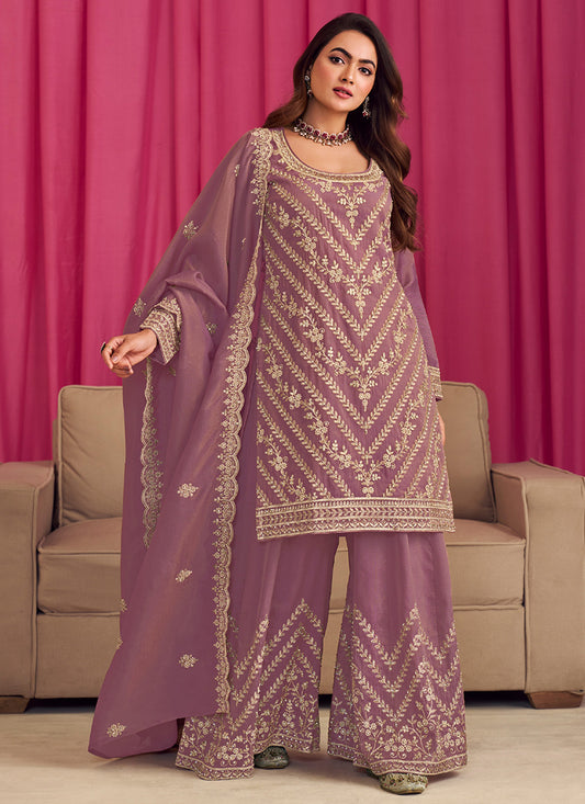 Shimmer Silk Lilac Wedding Wear Embroidery Work Readymade Plazzo Suit 385331