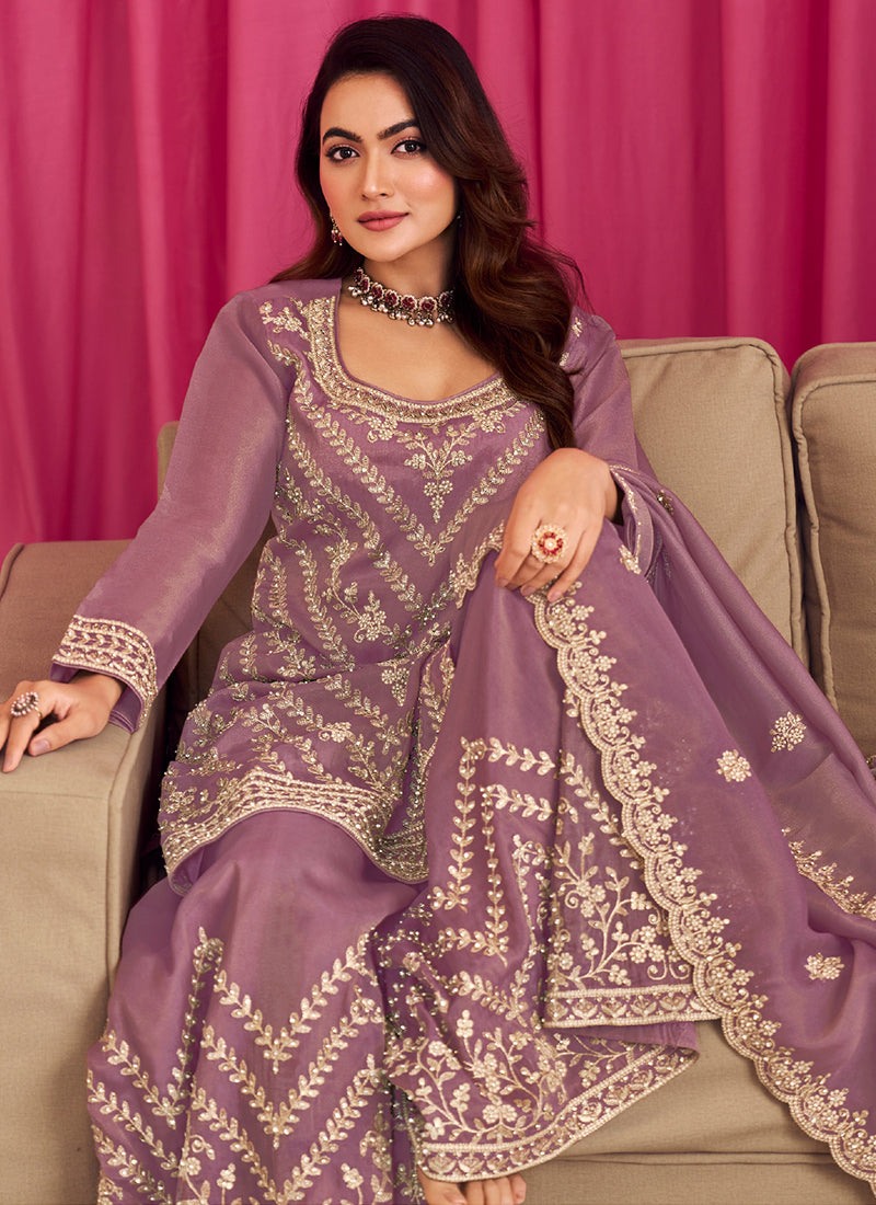 Shimmer Silk Lilac Wedding Wear Embroidery Work Readymade Plazzo Suit 385331
