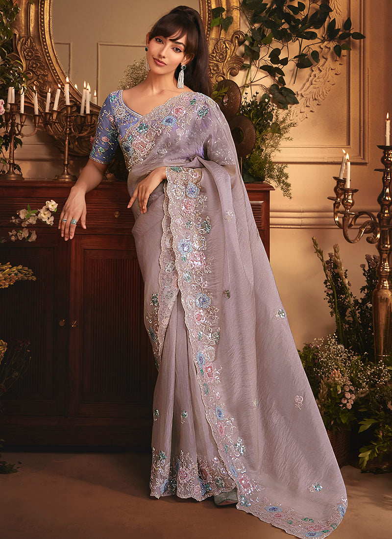 Tissue Organza Lilac Saree with Sequin Work for Wedding Wear 383999