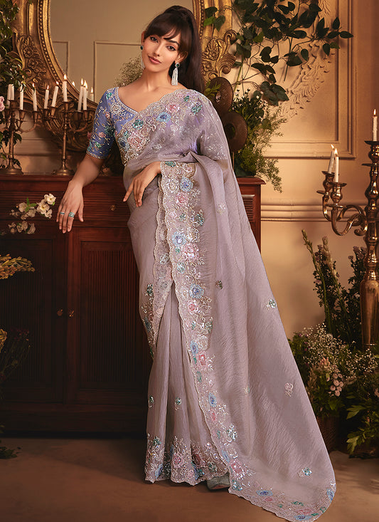 Tissue Organza Lilac Saree with Sequin Work for Wedding Wear 383999