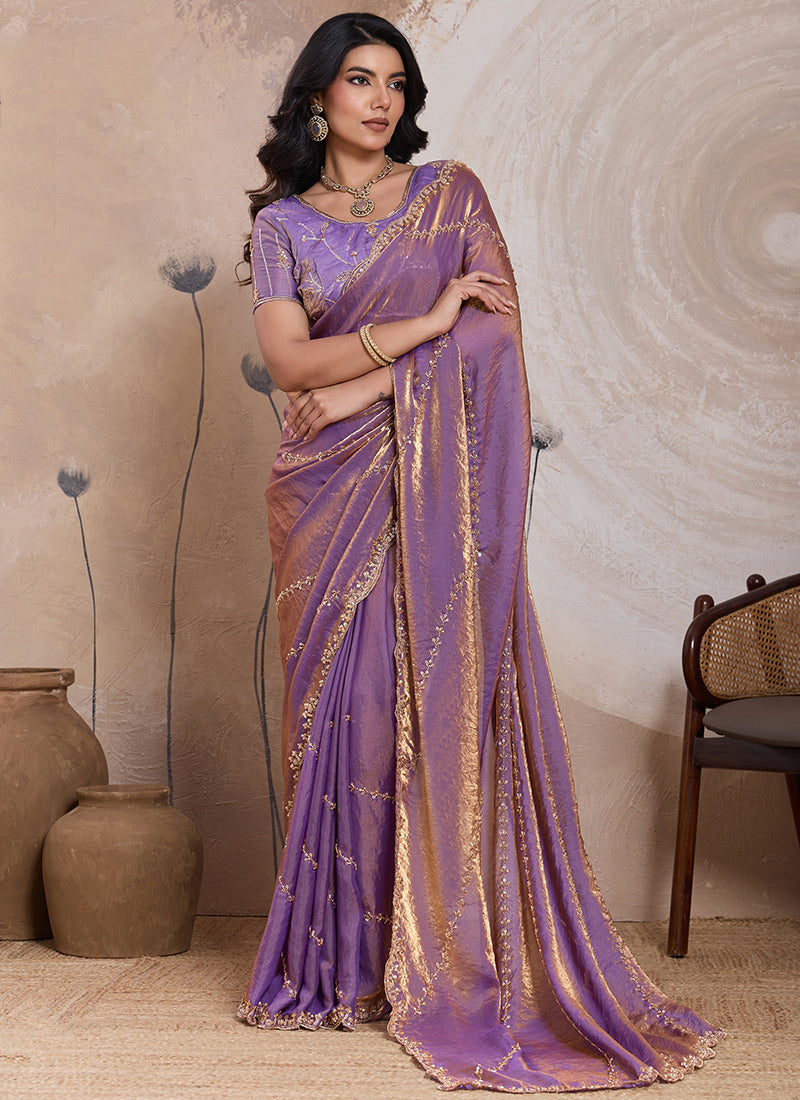 Lilac Velvet Satin Beads Work Party Wear Saree SW601113