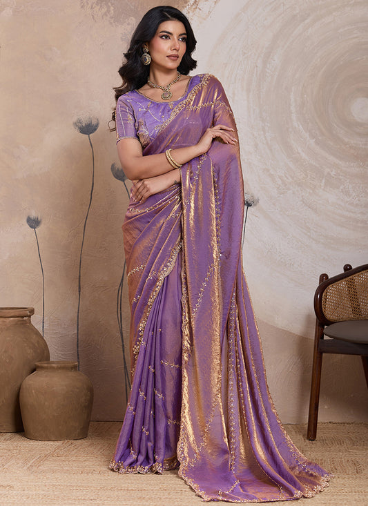 Lilac Velvet Satin Beads Work Party Wear Saree SW601113