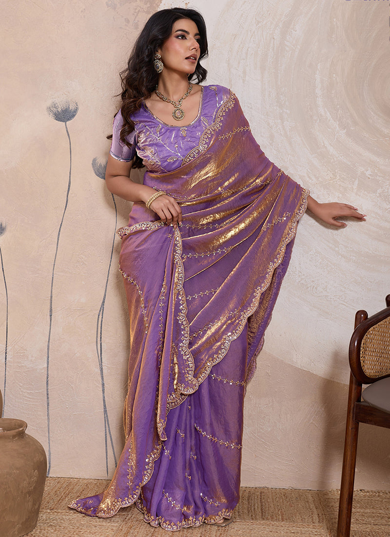Lilac Velvet Satin Beads Work Party Wear Saree SW601113