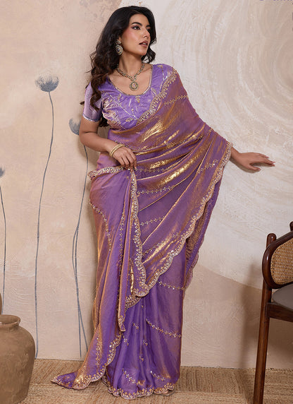 Lilac Velvet Satin Beads Work Party Wear Saree SW601113