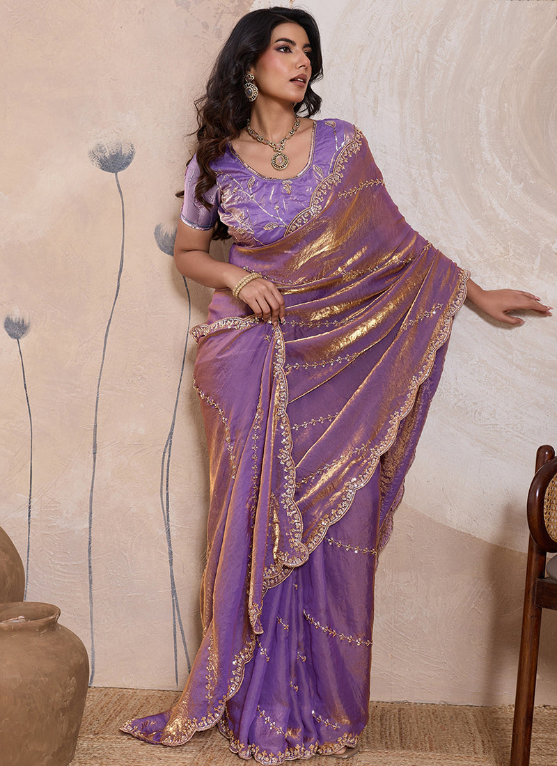 Lilac Velvet Satin Beads Work Party Wear Saree SW601113