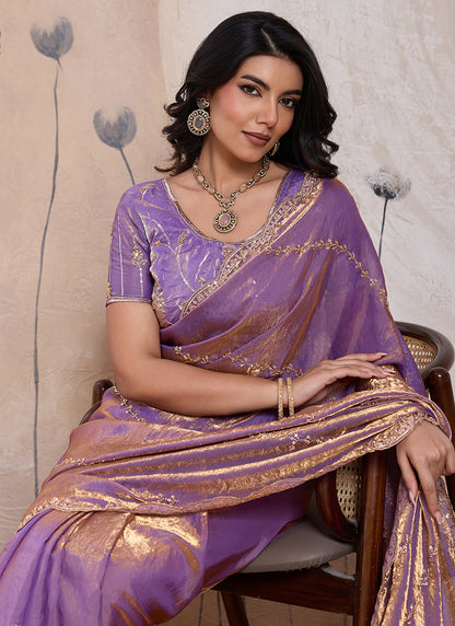 Lilac Velvet Satin Beads Work Party Wear Saree SW601113