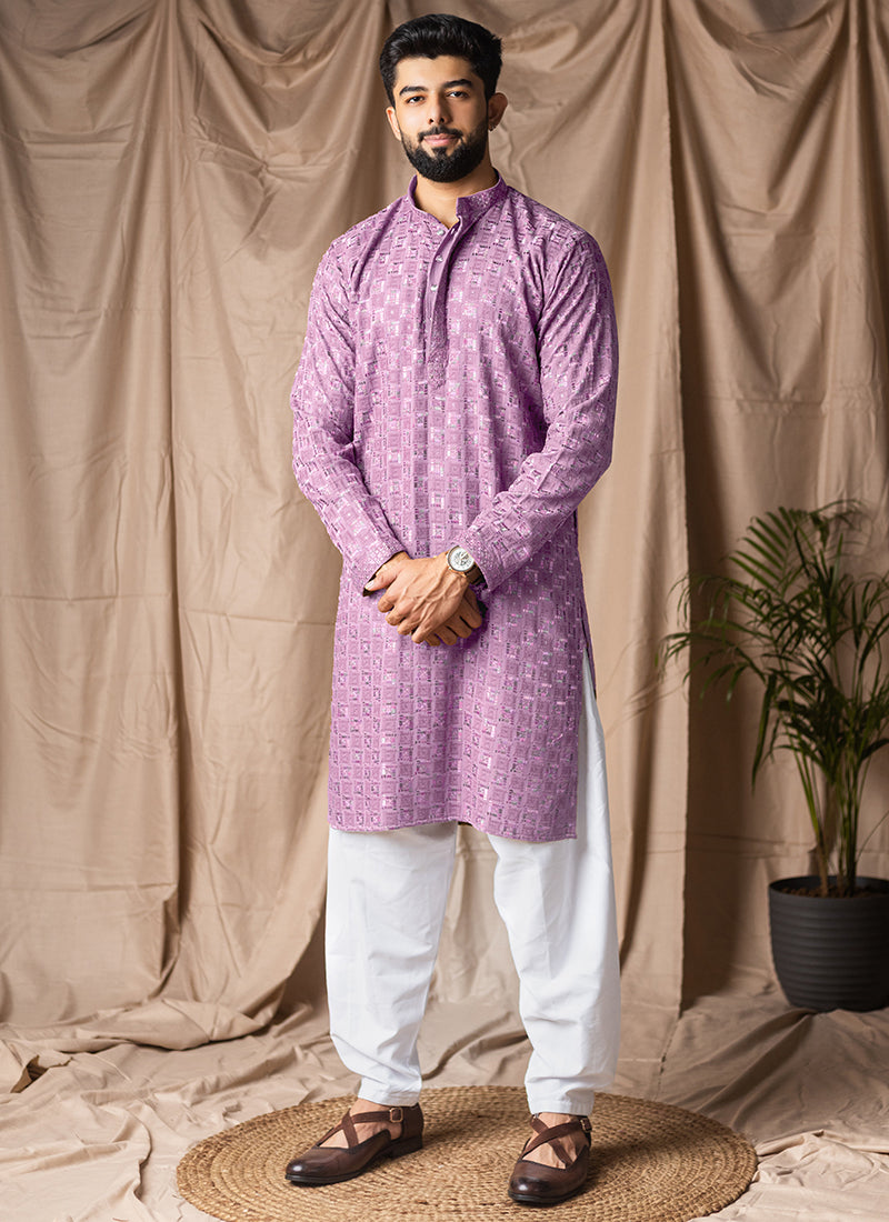 Lilac Viscose Rayon Weaving Work Festival Wear Readymade Kurta Pajama SW837591