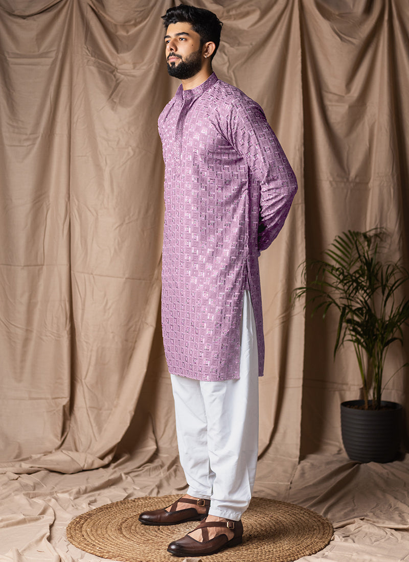 Lilac Viscose Rayon Weaving Work Festival Wear Readymade Kurta Pajama SW837591
