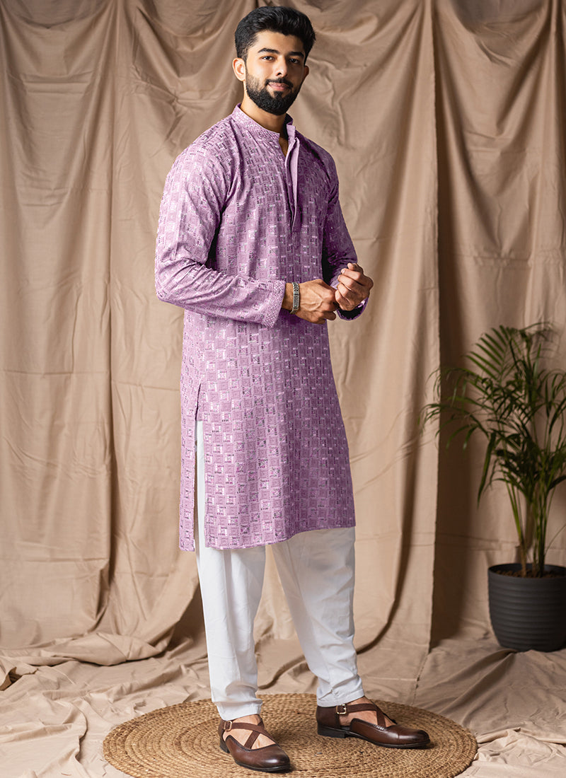 Lilac Viscose Rayon Weaving Work Festival Wear Readymade Kurta Pajama SW837591