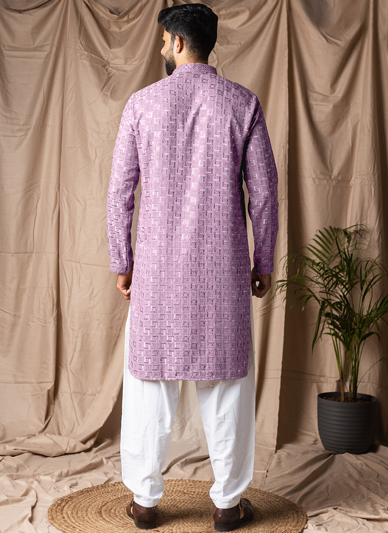 Lilac Viscose Rayon Weaving Work Festival Wear Readymade Kurta Pajama SW837591
