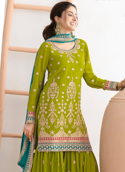 Chinnon Lime Green Wedding Wear Embroidery Work Readymade Sharara Suit 384917
