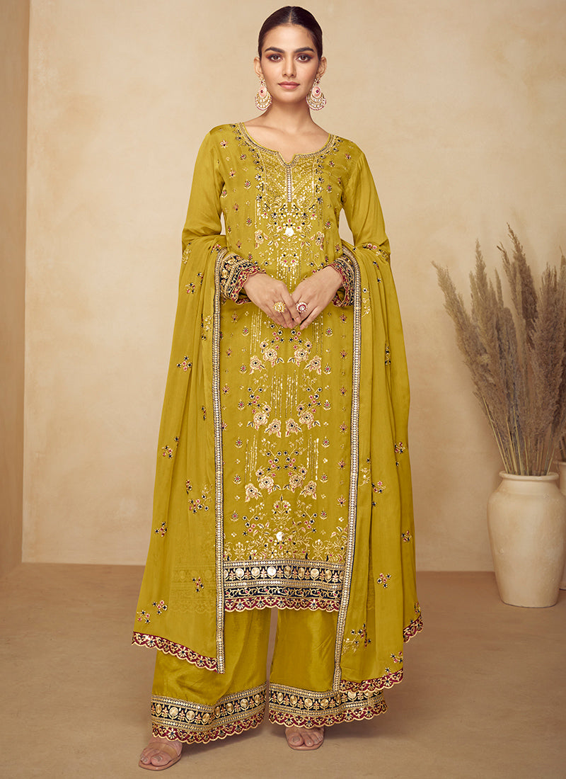 Chinnon Lime Green Wedding Wear Hand Work Readymade Palazzo Suit 384961