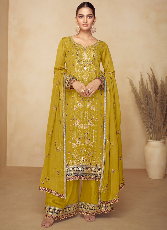 Chinnon Lime Green Wedding Wear Hand Work Readymade Palazzo Suit 384961