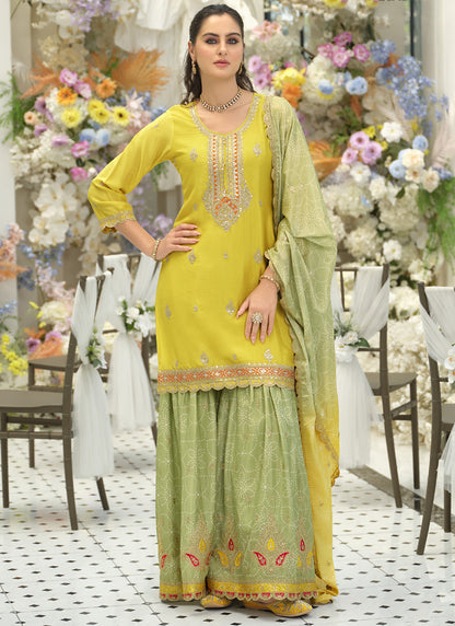 Lime Green Chinon Embroidery Work Eid Wear Readymade Plazzo Suit SW403638
