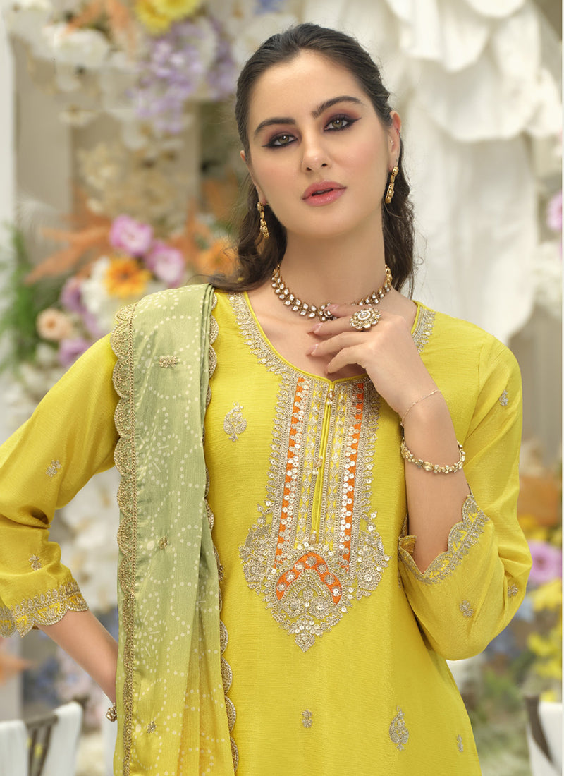 Lime Green Chinon Embroidery Work Eid Wear Readymade Plazzo Suit SW403638