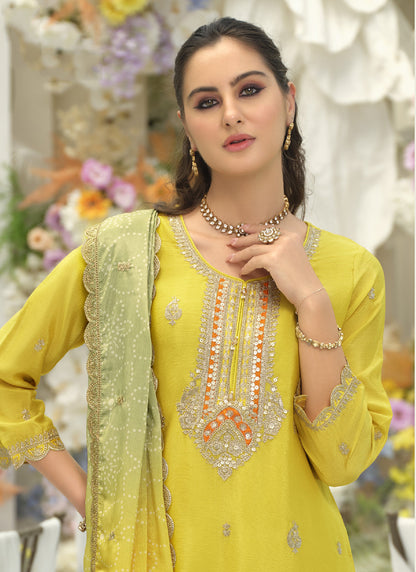 Lime Green Chinon Embroidery Work Eid Wear Readymade Plazzo Suit SW403638