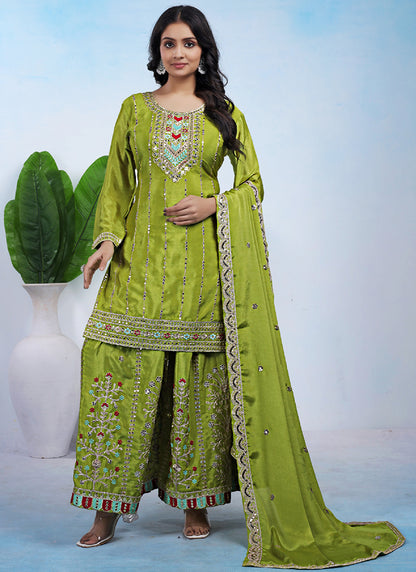 Chinon Lime Green Party Wear Sequins Embroidery Work Readymade Plazzo Suit 388241