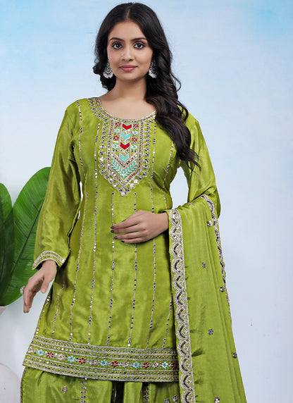 Chinon Lime Green Party Wear Sequins Embroidery Work Readymade Plazzo Suit 388241