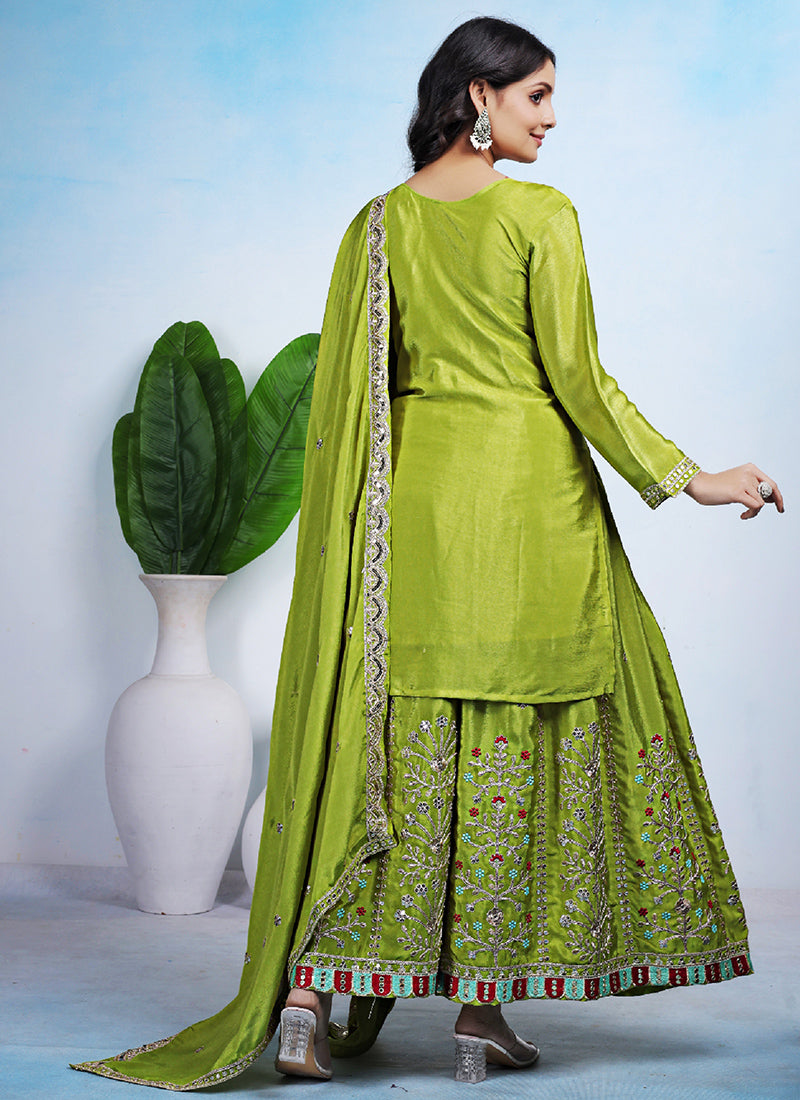 Chinon Lime Green Party Wear Sequins Embroidery Work Readymade Plazzo Suit 388241