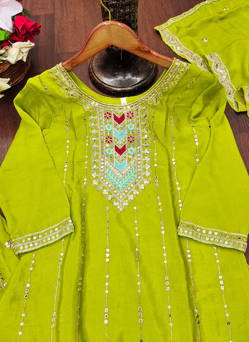 Chinon Lime Green Party Wear Sequins Embroidery Work Readymade Plazzo Suit 388241