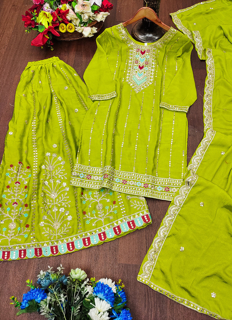 Chinon Lime Green Party Wear Sequins Embroidery Work Readymade Plazzo Suit 388241