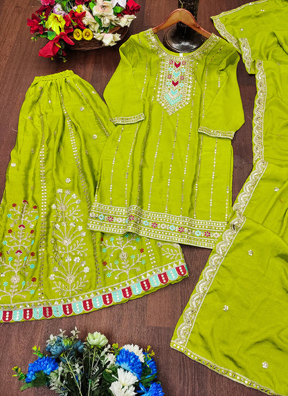 Chinon Lime Green Party Wear Sequins Embroidery Work Readymade Plazzo Suit 388241