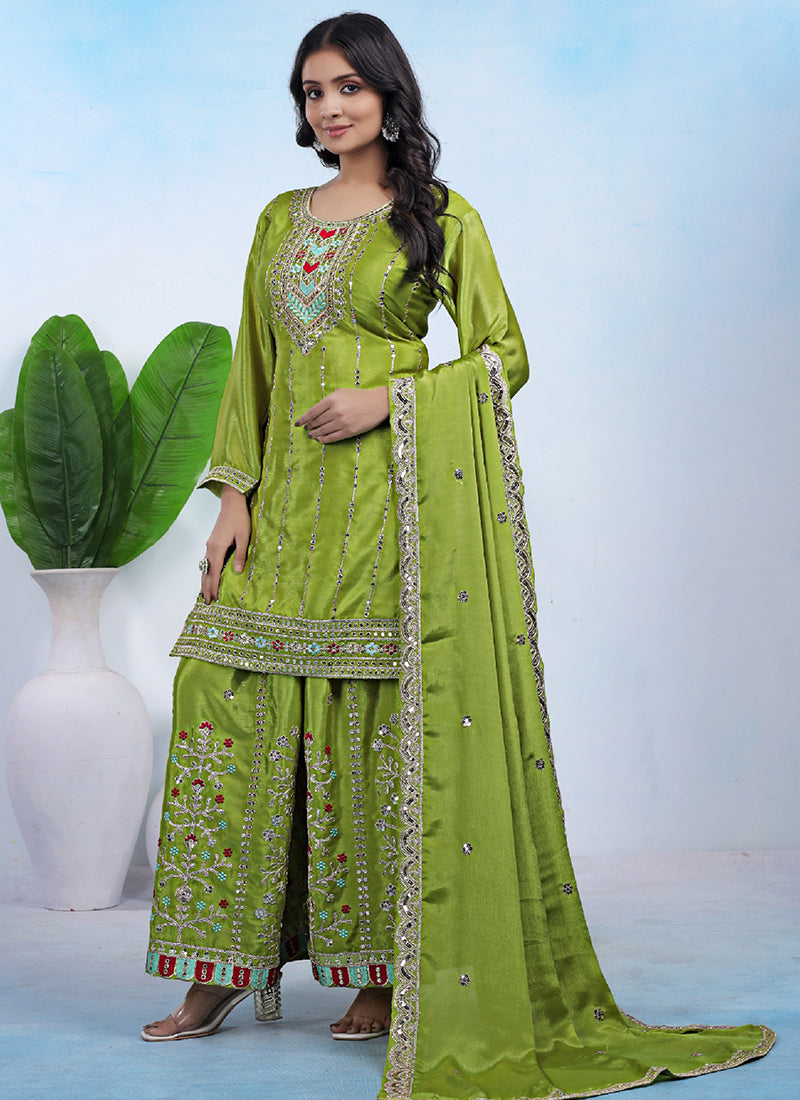 Chinon Lime Green Party Wear Sequins Embroidery Work Readymade Plazzo Suit 388241