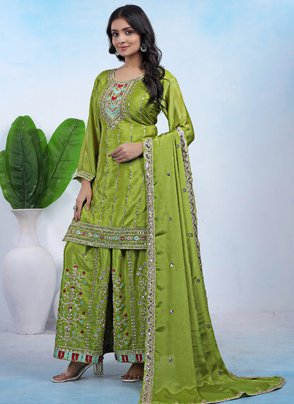 Chinon Lime Green Party Wear Sequins Embroidery Work Readymade Plazzo Suit 388241