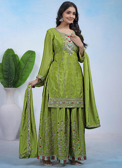 Chinon Lime Green Party Wear Sequins Embroidery Work Readymade Plazzo Suit 388241
