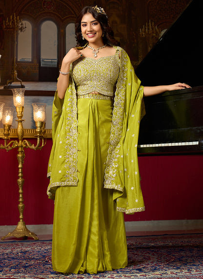Lime Green Chinon Silk Zari Embroidery Work Party Wear Readymade Indowestern Suit SW633631