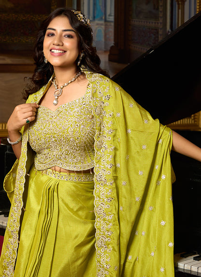 Lime Green Chinon Silk Zari Embroidery Work Party Wear Readymade Indowestern Suit SW633631