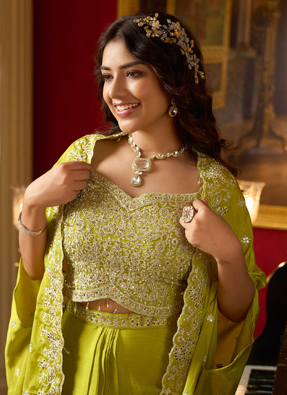 Lime Green Chinon Silk Zari Embroidery Work Party Wear Readymade Indowestern Suit SW633631