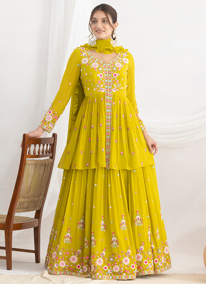 Lime Green Georgette Beads Work Wedding Wear Readymade Plazzo Suit SW899442