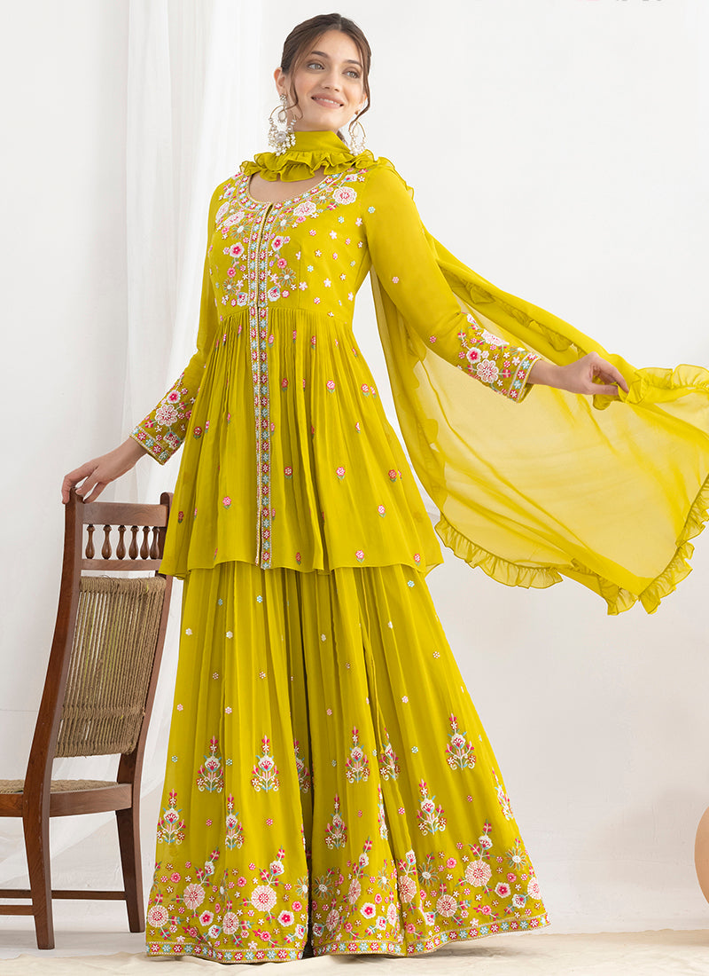 Lime Green Georgette Beads Work Wedding Wear Readymade Plazzo Suit SW899442