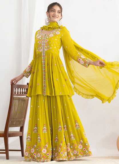 Lime Green Georgette Beads Work Wedding Wear Readymade Plazzo Suit SW899442